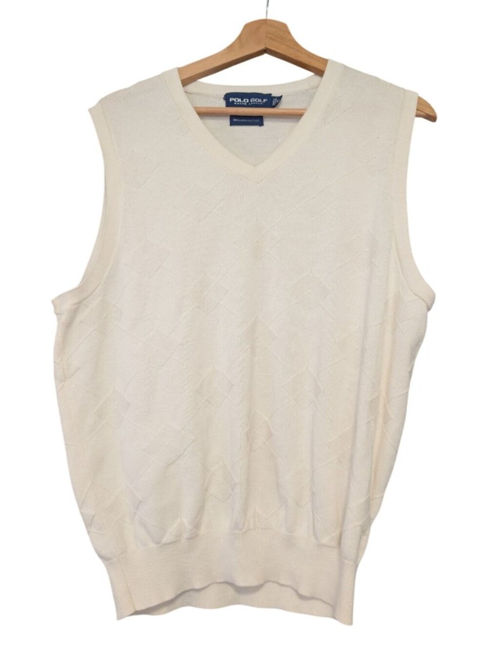 Polo Golf Ralph Lauren Mens M Cream Pima Cotton Argyle V-Neck Sweater Vest
